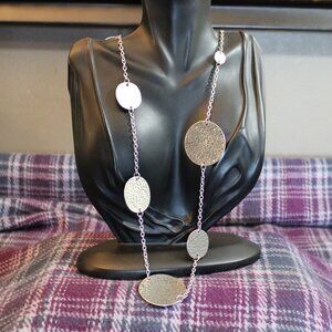 Silver Tone Hammered Disk Long Chain Necklace